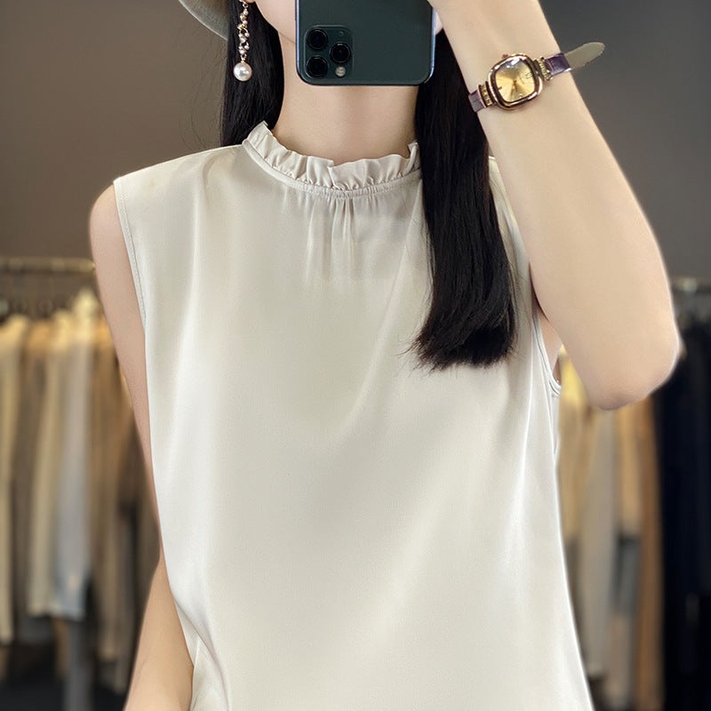 Dame forårs- og sommer-top i ensfarvet løst tyndt satin-stof med vest-snit