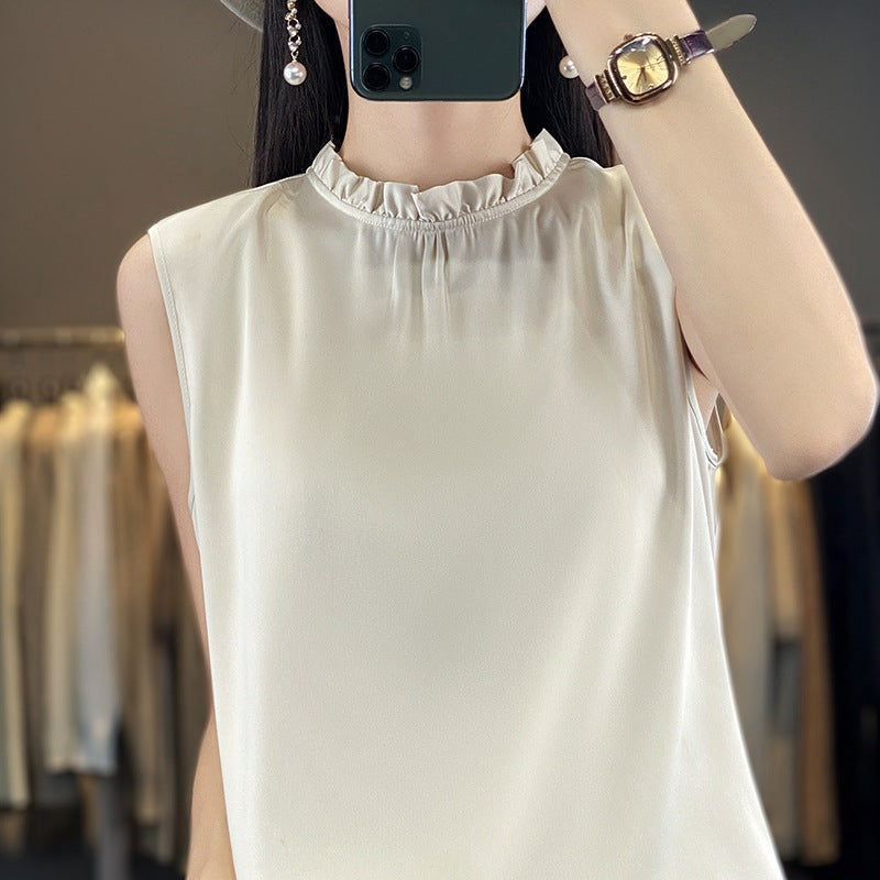 Dame forårs- og sommer-top i ensfarvet løst tyndt satin-stof med vest-snit