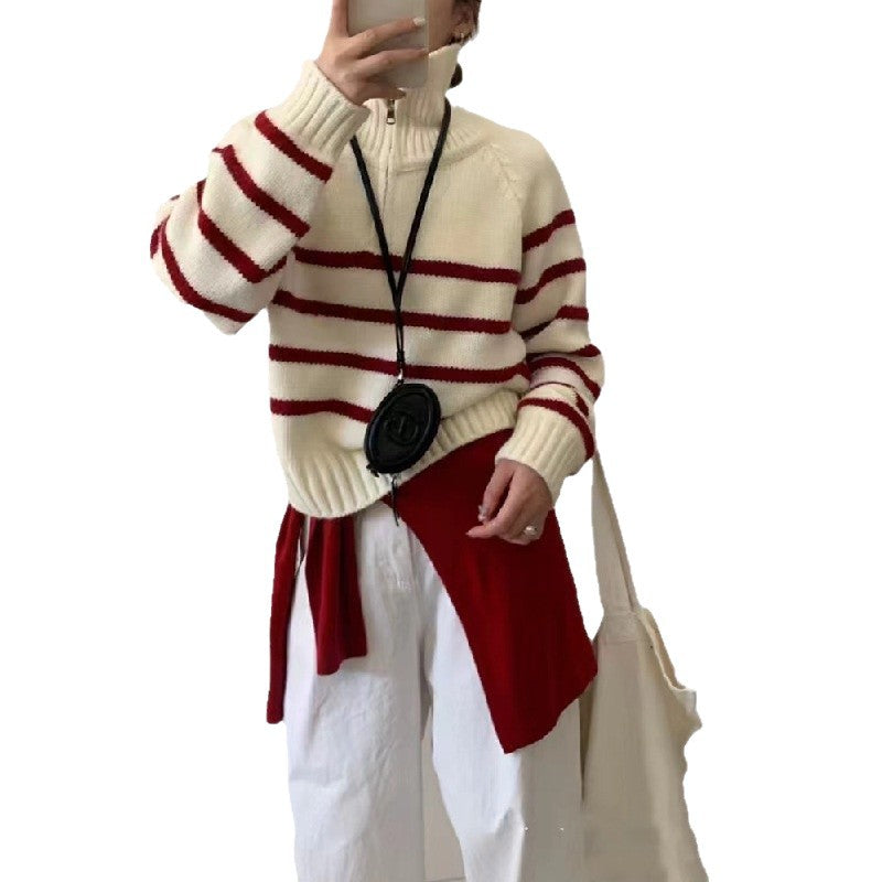 Korean Style Half Turtleneck Zipper Pullover Knitting Vintage Stripe Sweater