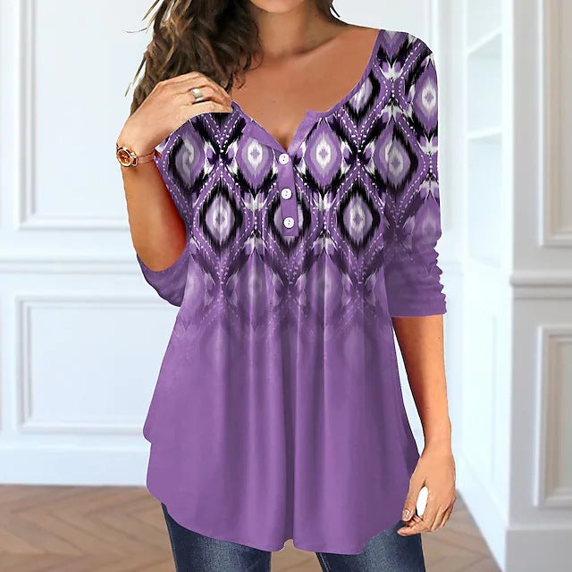 Beauty Summer Loose V-neck Pullover Short Sleeve Button Printed T-shirt