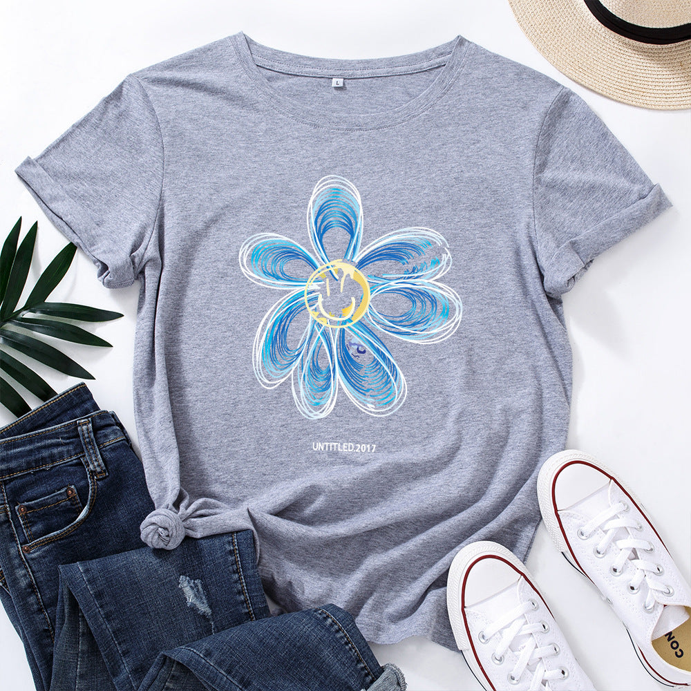 European And American Cotton Loose Round Neck Creative Flower Short Sleeve
