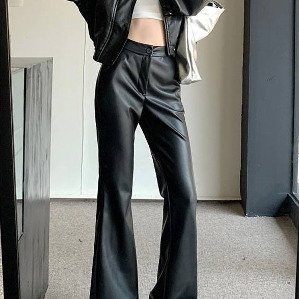 Slim Fit Læder Bootcut Bukser Slankende Højtaljede Casual Læderbukser