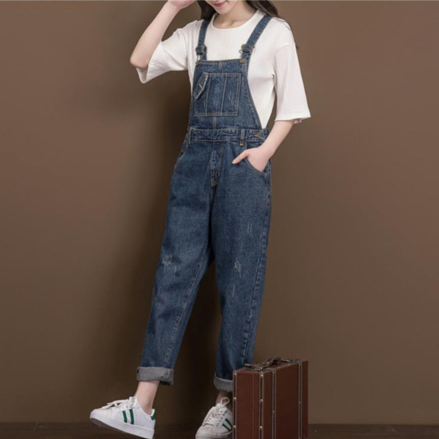 Artistic Washed Denim Cotton Suspender Pants Student Female