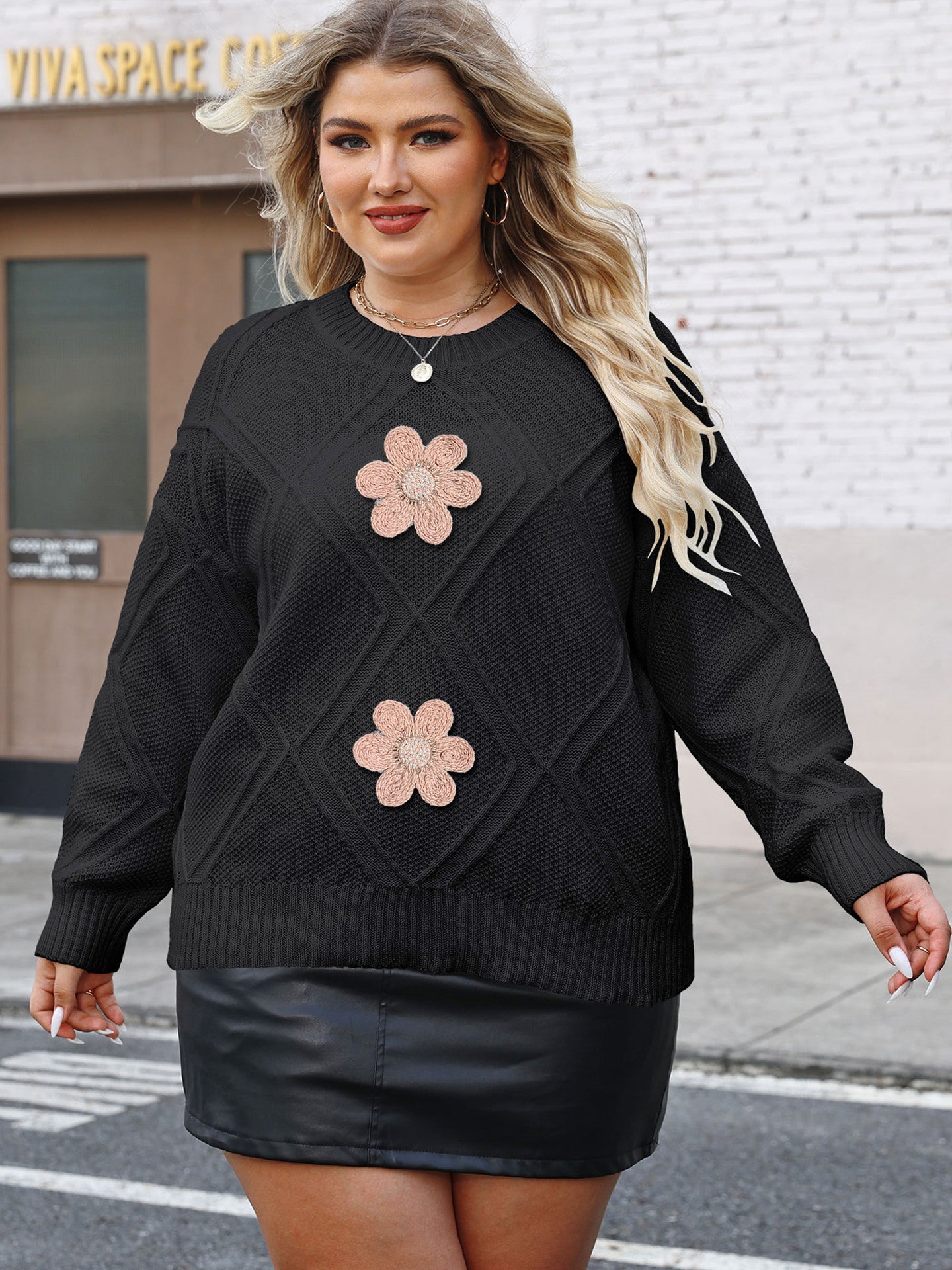 Loose Casual Knit Sweater For Women With Diamond Jacquard Floral Embroidery And Beaded Details