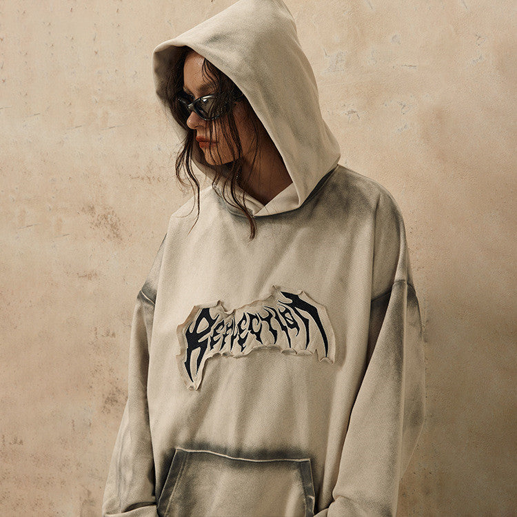 Embroidered Frayed Hem Design Hoodie Trendy Sweater