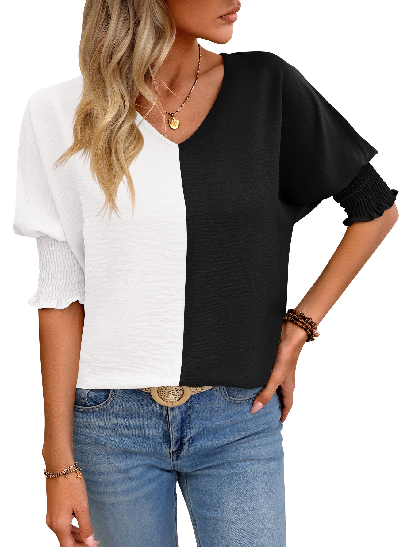 V-hals Løs Smock Batwing-ærme Farvematchende Top