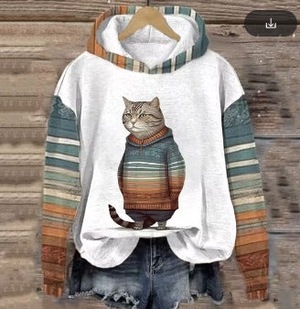 Women's Sweater 3D Digital Printing Animal Cat Oil Painting Pullover Hoodie