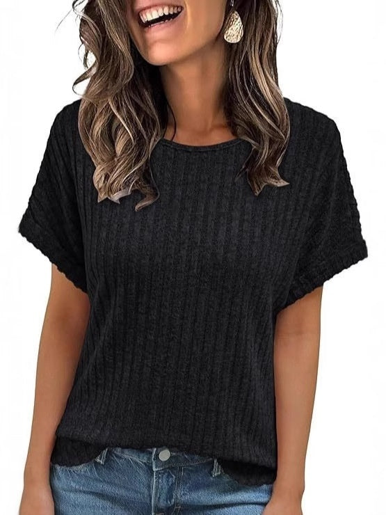 Solid Color Round Neck Sunken Stripe Casual Short-sleeved T-shirt For Women