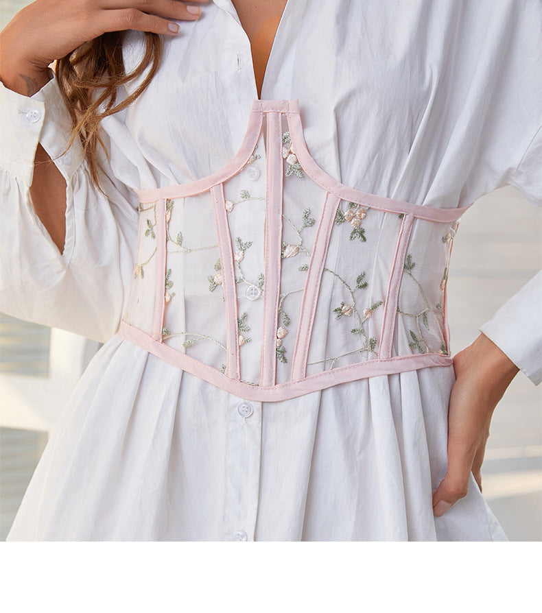 Fashion Girdle Female Embroidered Elastic Mesh Hollow Belt