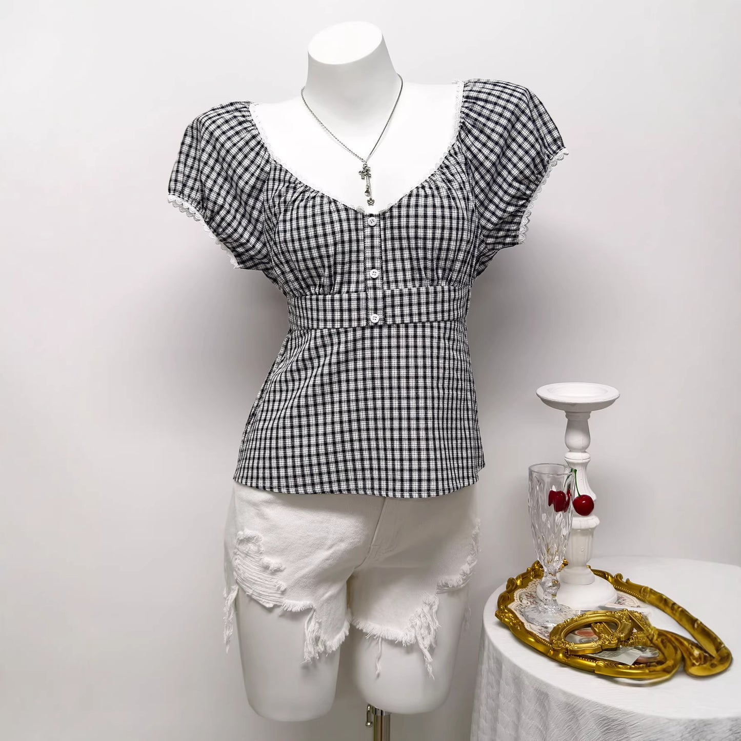 Casual Plaid Womens Summer Short-Sleeve T-Shirt