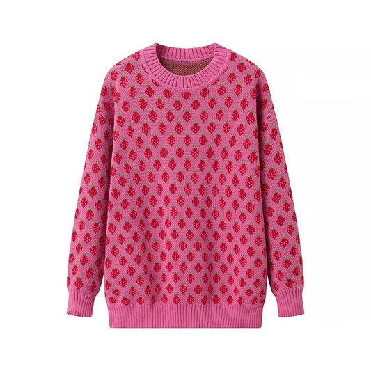 Stylish Minimalist Versatile Strawberry Jacquard Knit Sweater