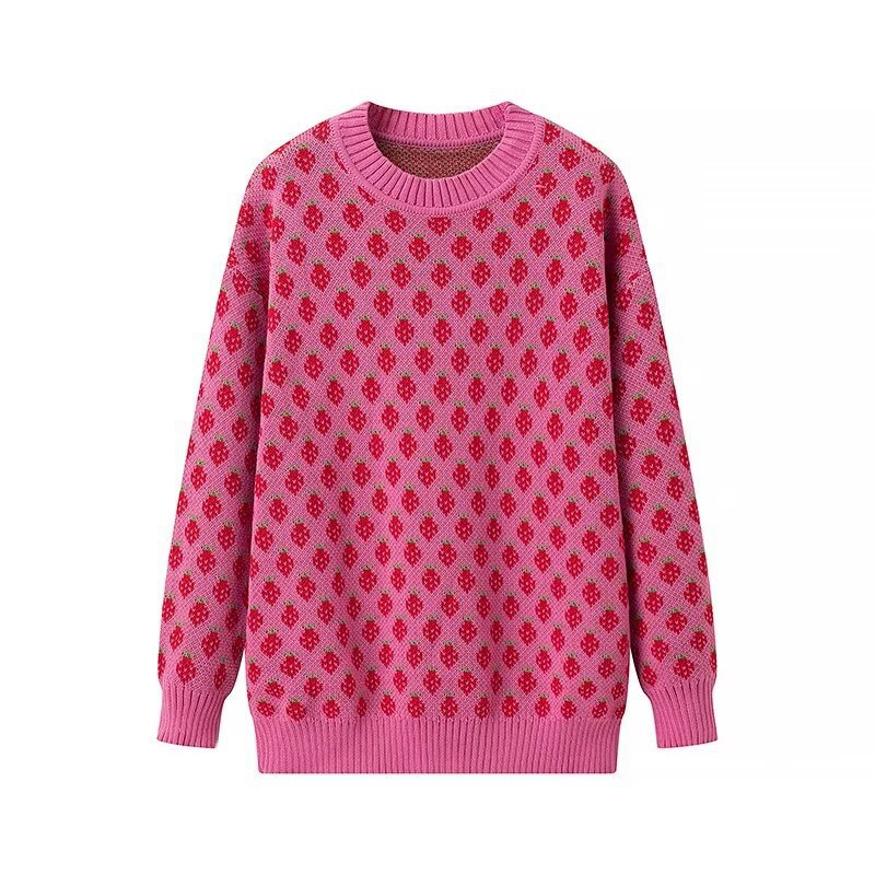 Stylish Minimalist Versatile Strawberry Jacquard Knit Sweater