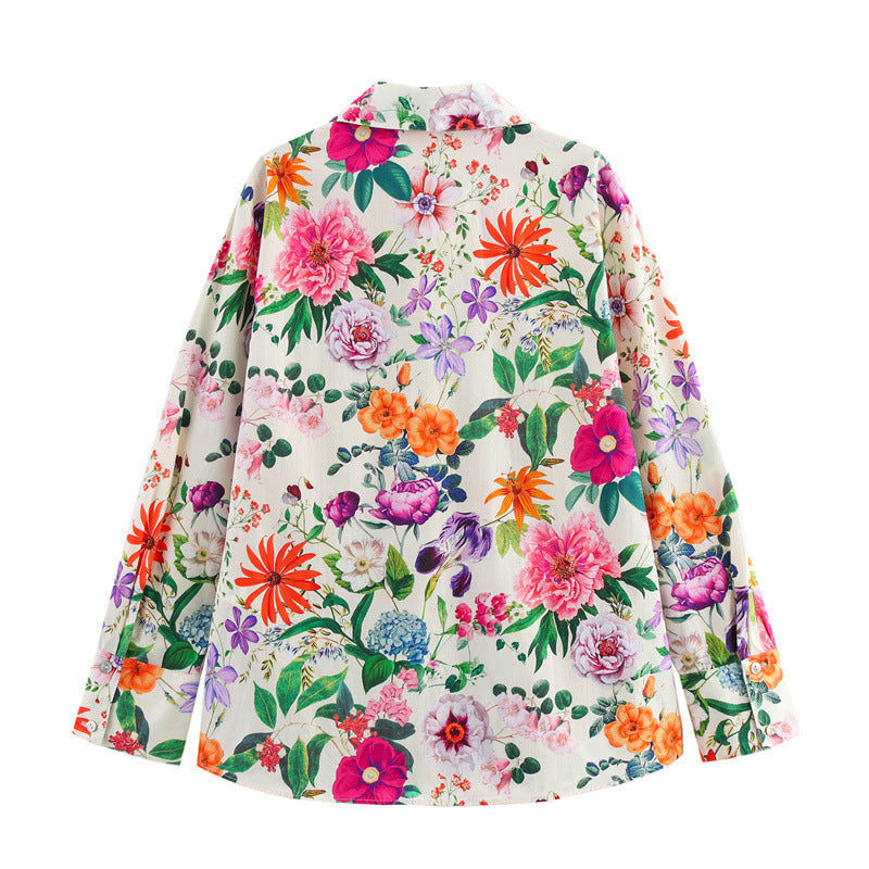 Women's All-match Floral Printing Lapel Single-breasted Long Sleeve Shirt