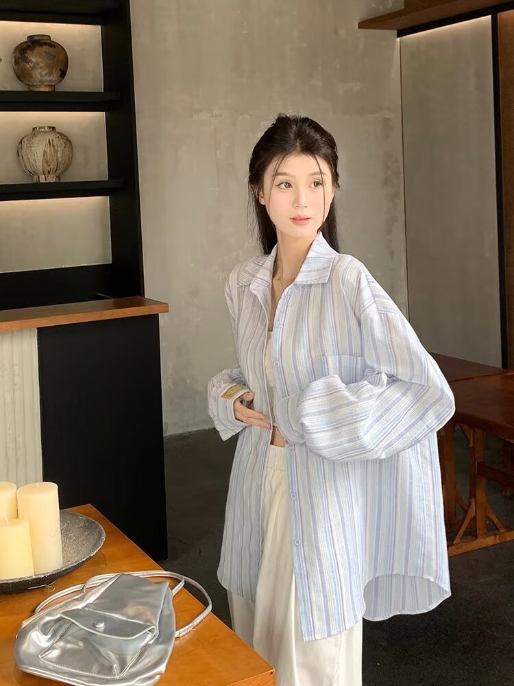Sun Protection Top Women's Long-sleeved Striped Casual Shirt
