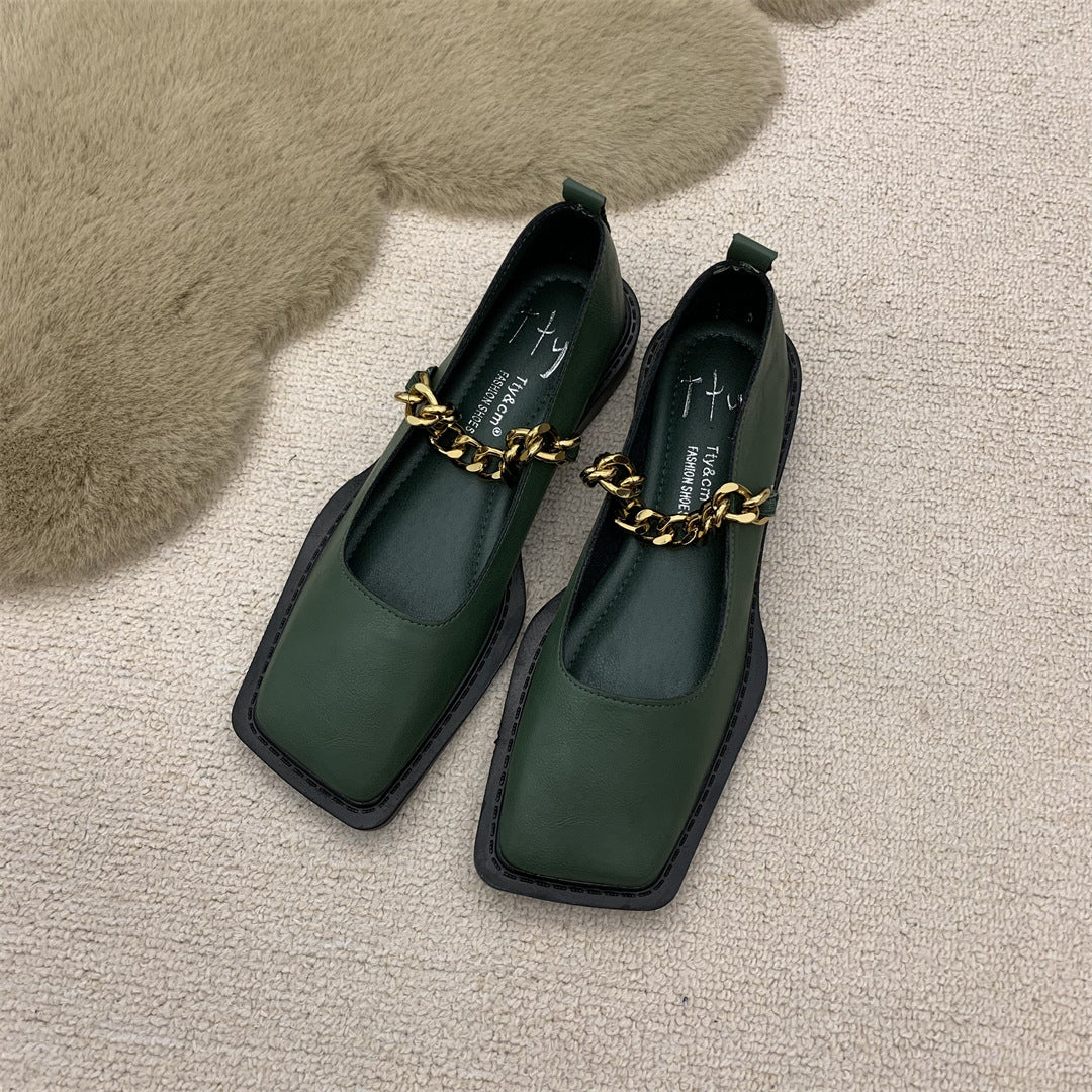Metal Chain Square Toe Retro Leather Shoes