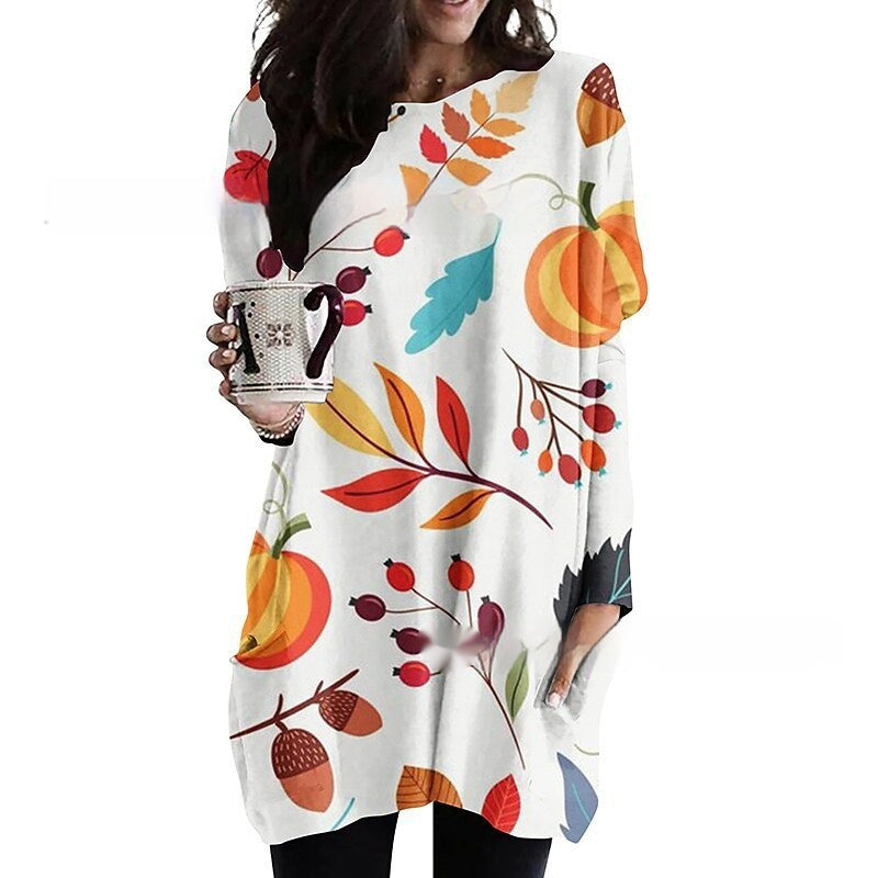 Women's Round Neck Mid-length Long-sleeved T-shirt With Pockets
