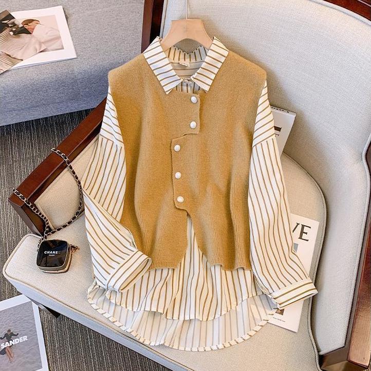 Shirt-vest Faux Two-piece Set That Flatters Curvy Figures And Subtly Covers The Tummy