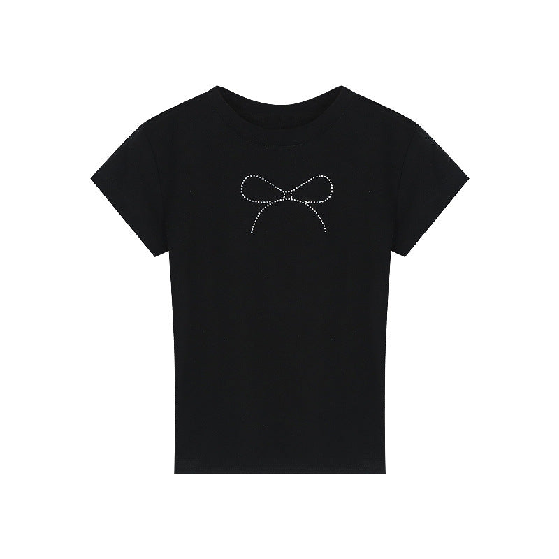 Sommer Amerikansk Hot Girl Kortærmet T-shirt Navle Sort Sløjfe