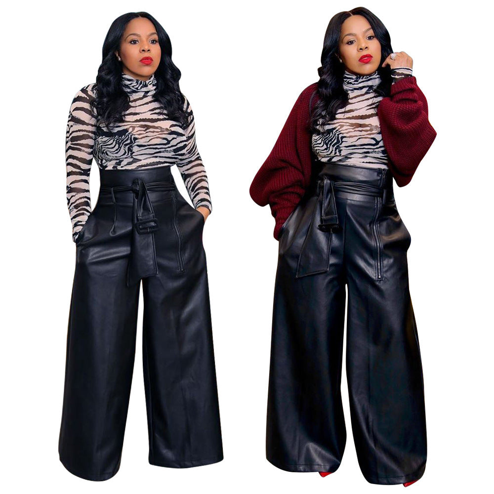 Womens PU High-waisted Wide-leg Pants