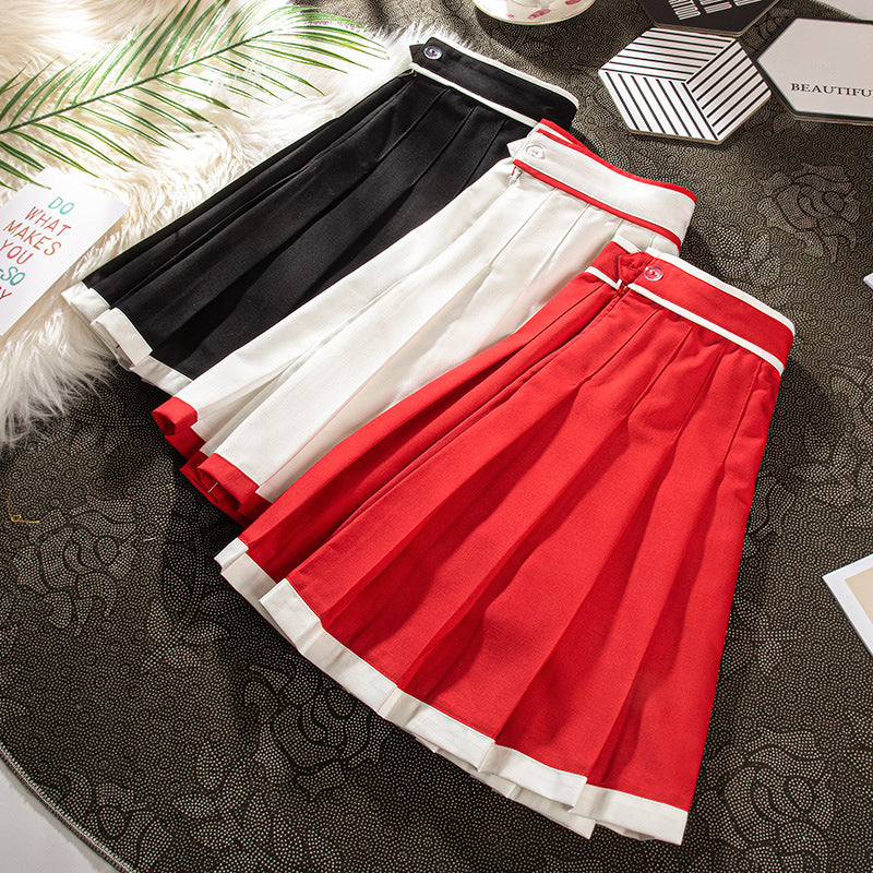 Contrast Color Pleated High-waisted Red New Year A- Line Skirt
