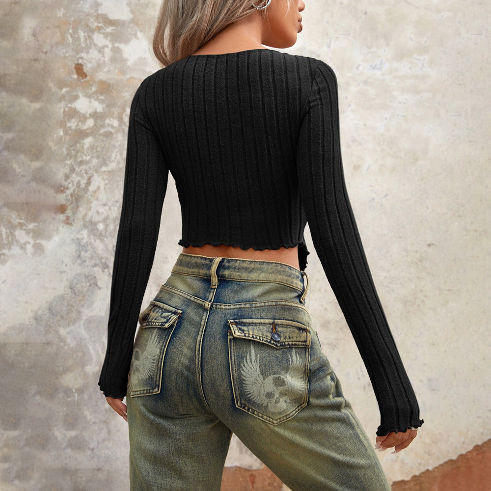 European And American Unique Design Sense Niche T-shirt Autumn And Winter New Sexy Cropped Short Top