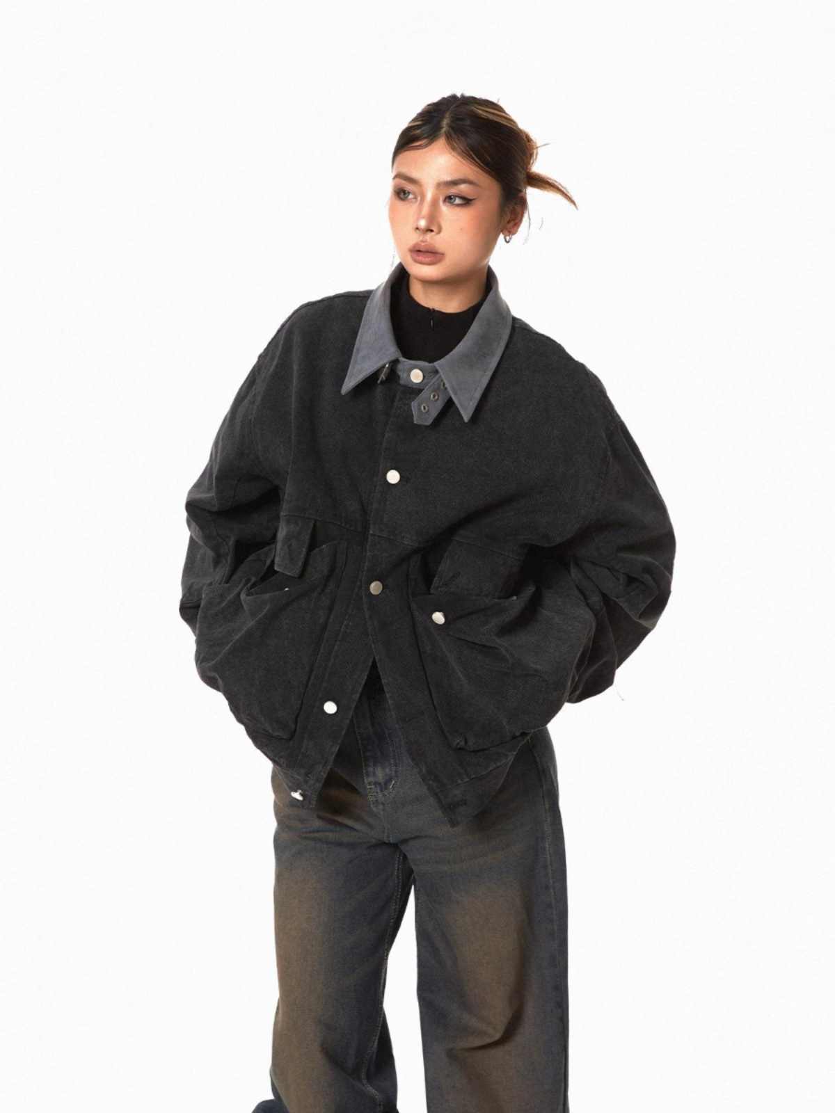 Lapel Tooling Distressed Large Pocket Stitching Jacket Loose Casual Short Coat