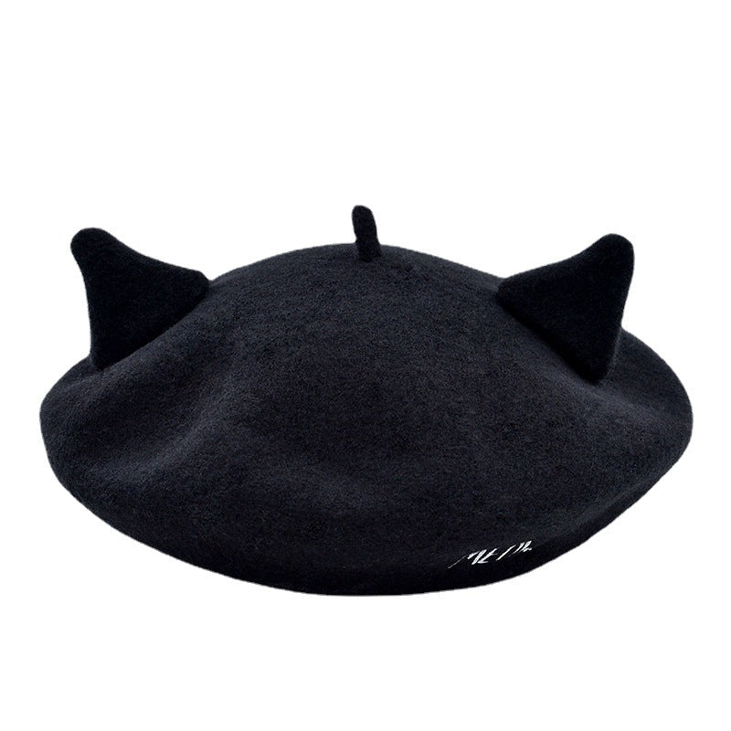 Letter Embroidery Cat Ears Wool Tweed Beret