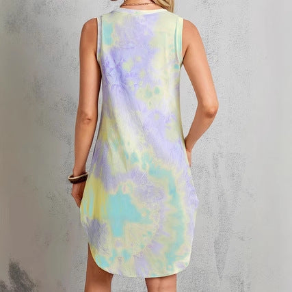 Sleeveless European And American-style Colorful Tank Top Womens Crew-neck Tie-dye Slip Dress