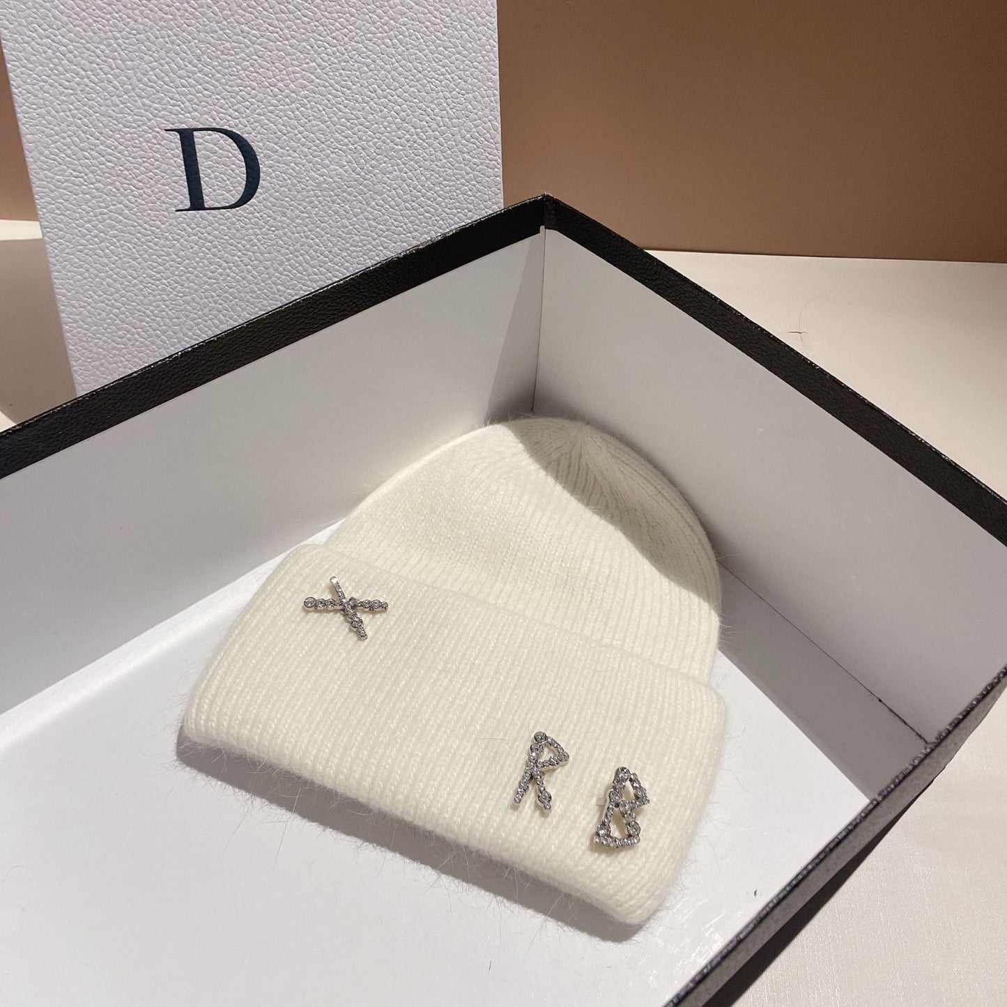 Winter RB Letter Fashion Rabbit Fur Knitted Warm Hat Female