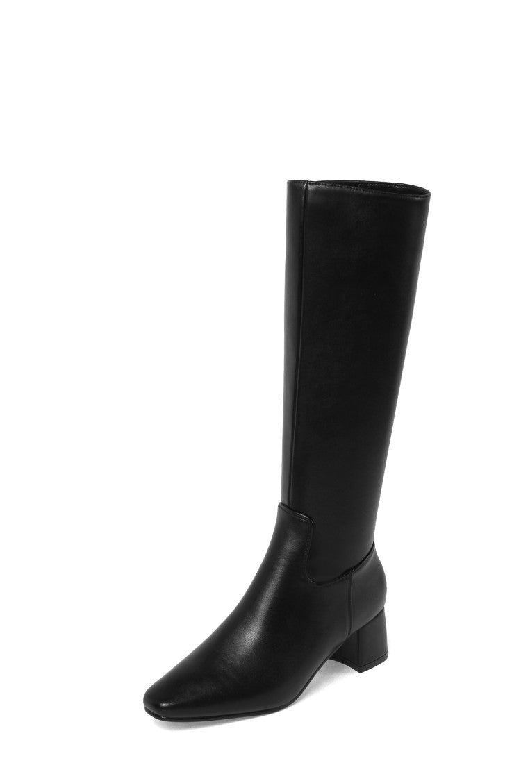 Block Heel Square Toe Side Zipper Boots Cowhide Mid-heel
