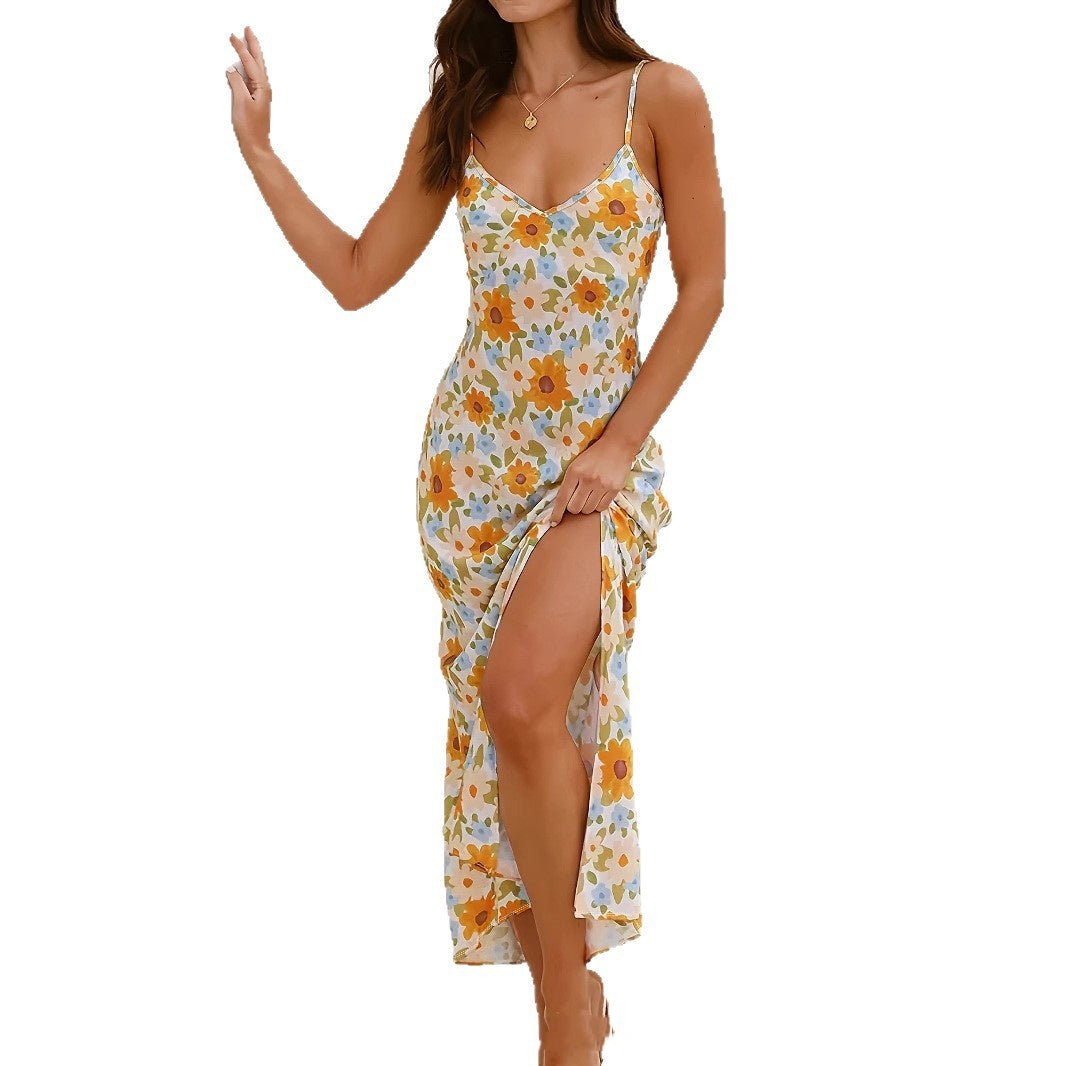 Womens Floral Dress With Thin Straps And A Slit