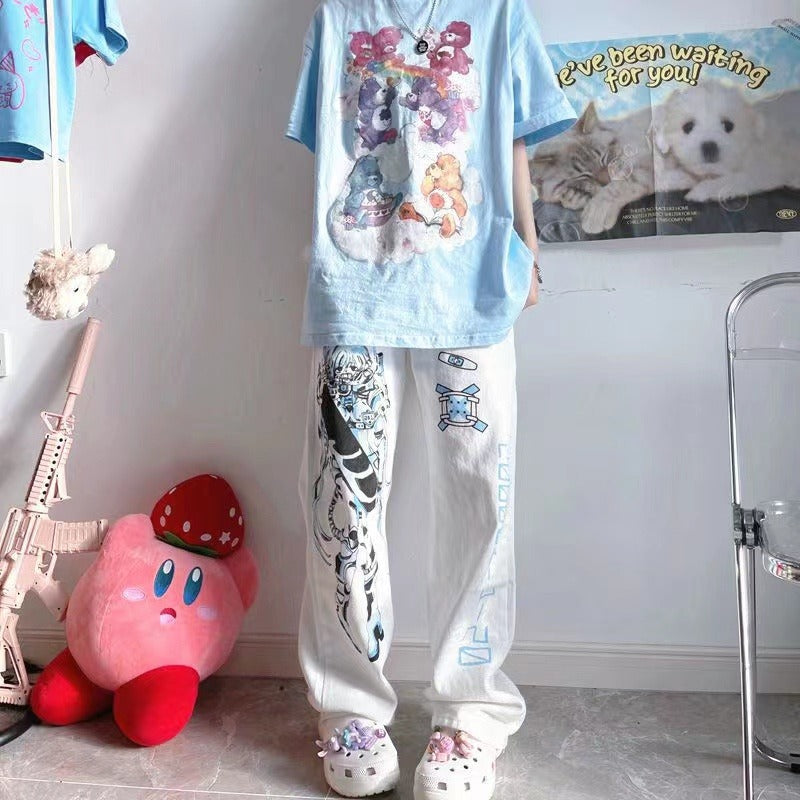 Women's Fashion Simple Cartoon Print Straight Casual Trousers