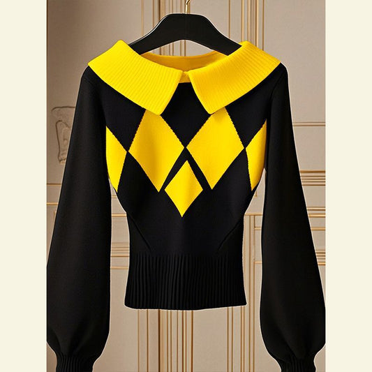 European Goods Western Style Unique Chic Niche Idle Style Black Diamond Plaid Sweater