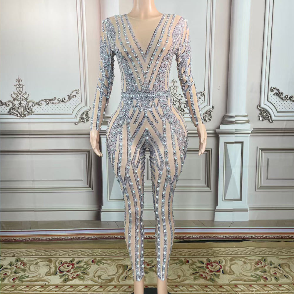 Mesh See-through Rhinestone Tight Casual Jumpsuit