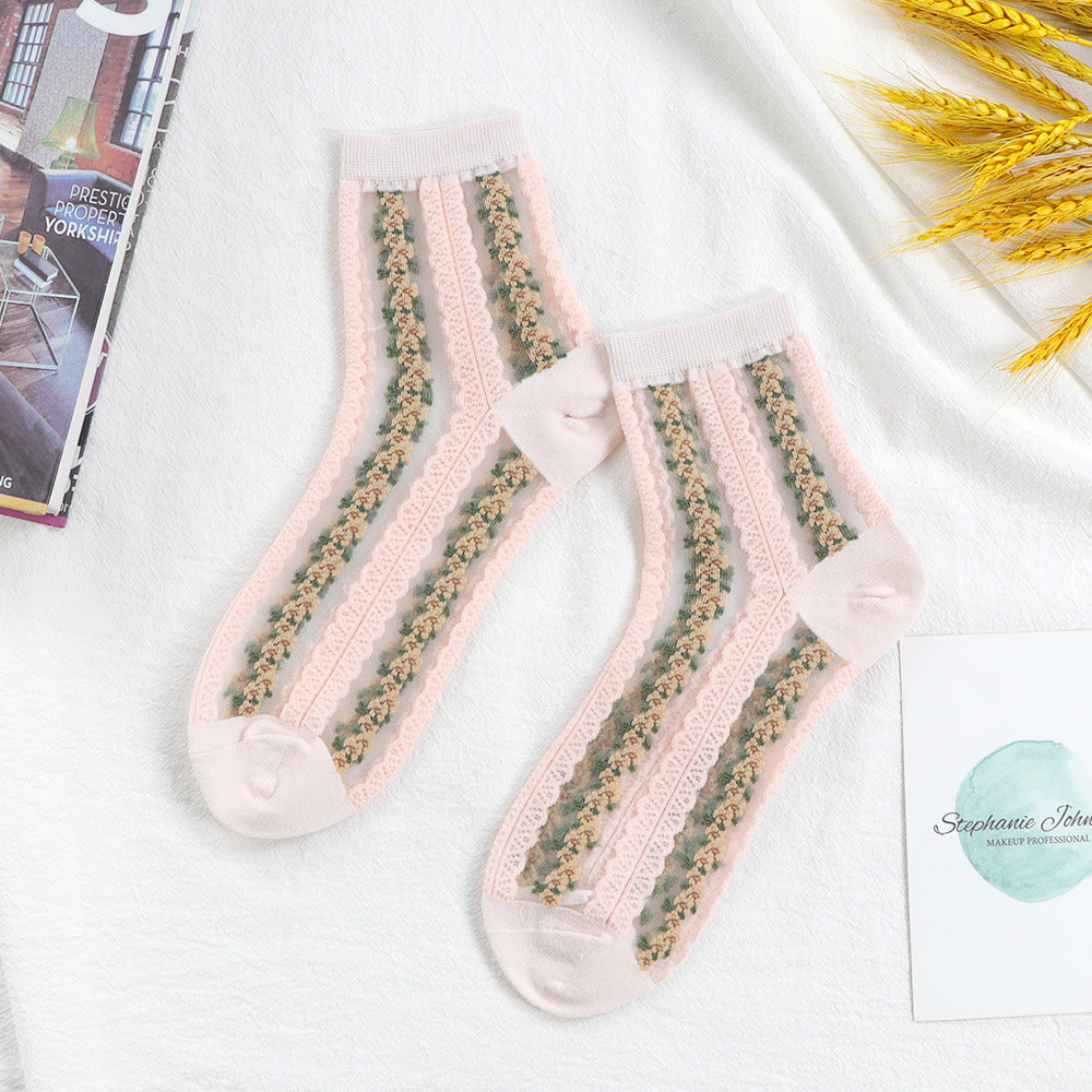 Women's Mid-calf Ins Fashionable Small Floral Transparent Spun Glass Summer Thin Stockings