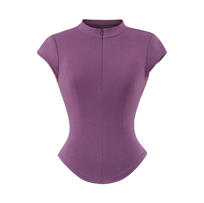 Round Neck Zipper Short Sleeved T-shirt
