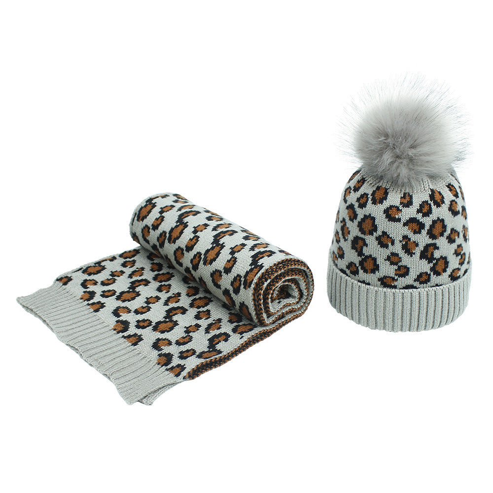 Women's Autumn And Winter Leopard Print Hair Ball Hat Scarf Set