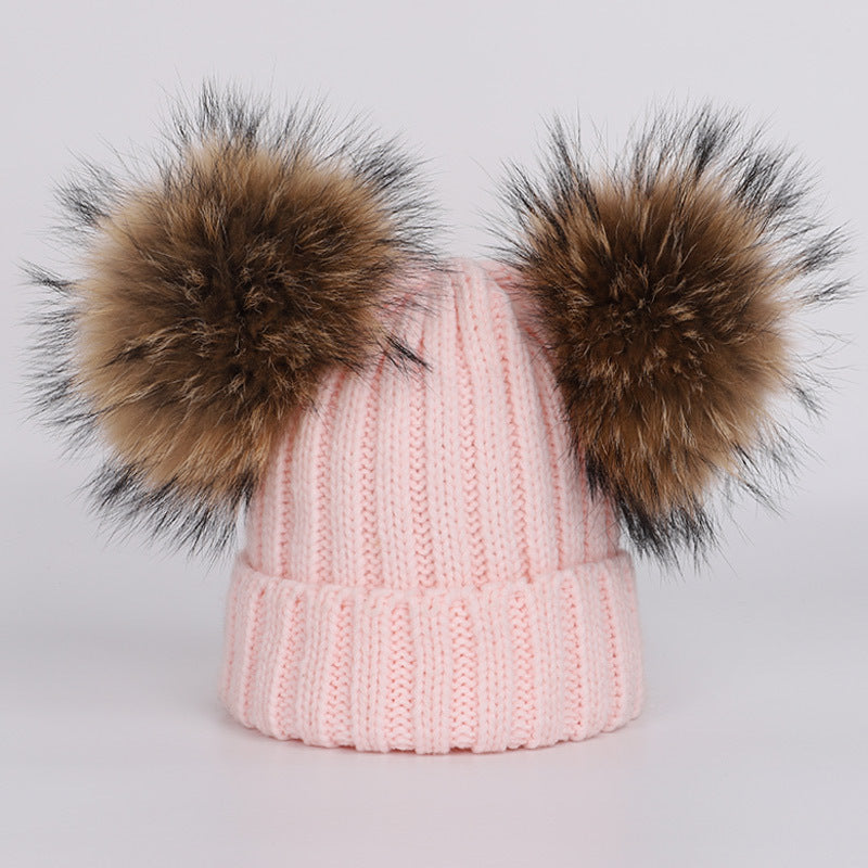 Men's And Women's Thickened Raccoon Fur Ball Knitted Ear  Set