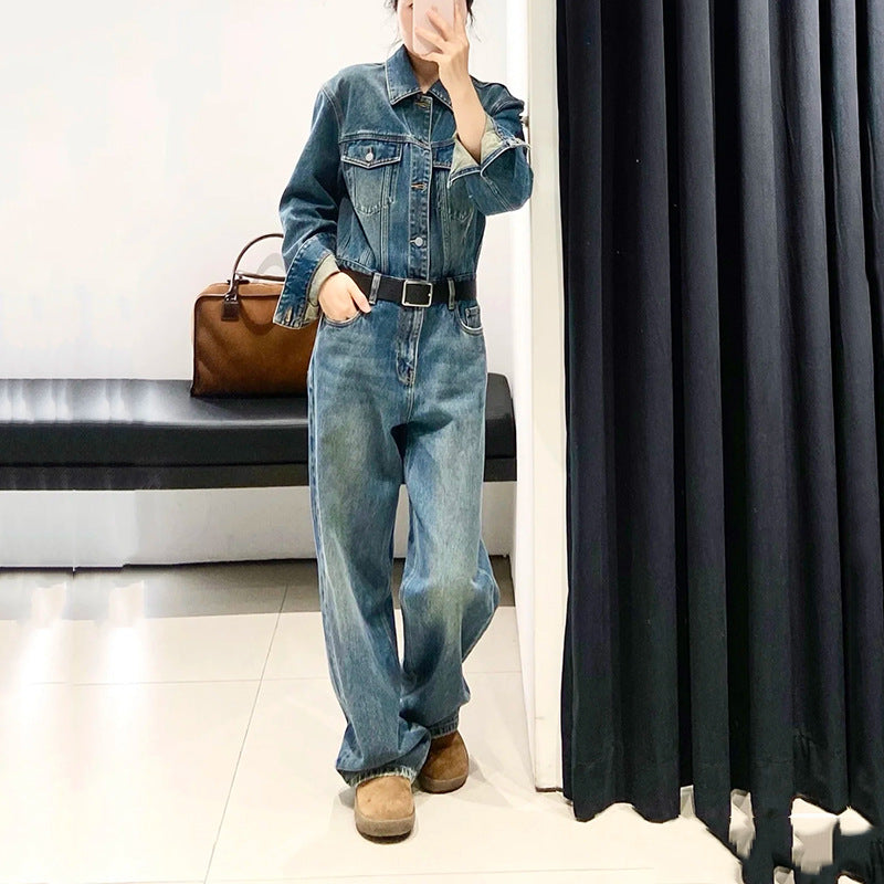 Women's Retro Washed Cotton High-Waist Straight-Leg Jumpsuit