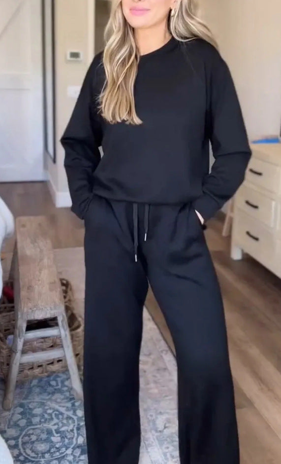 Womens Solid-Color Casual Crew-Neck Pullover Hoodie And Wide-Leg Pants Two-Piece Set