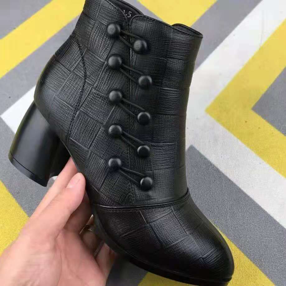 Embossed Double-breasted Martin Boots Women's Pointed Toe Side