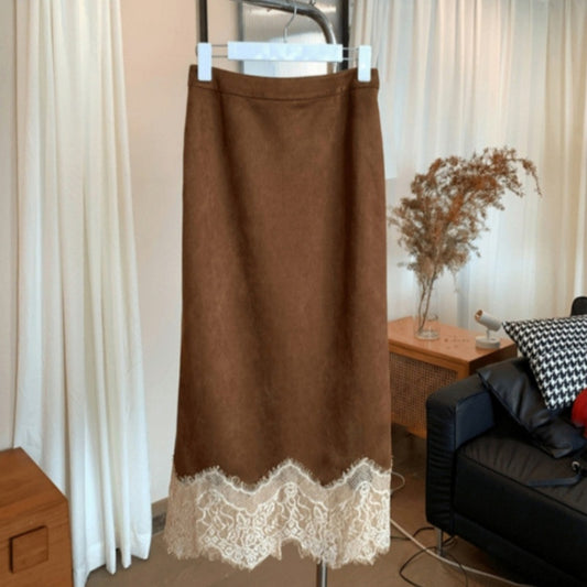 Forår og sommer Ny Elegant Maillard Retro Kaffe Farve Blondekant Nederdel