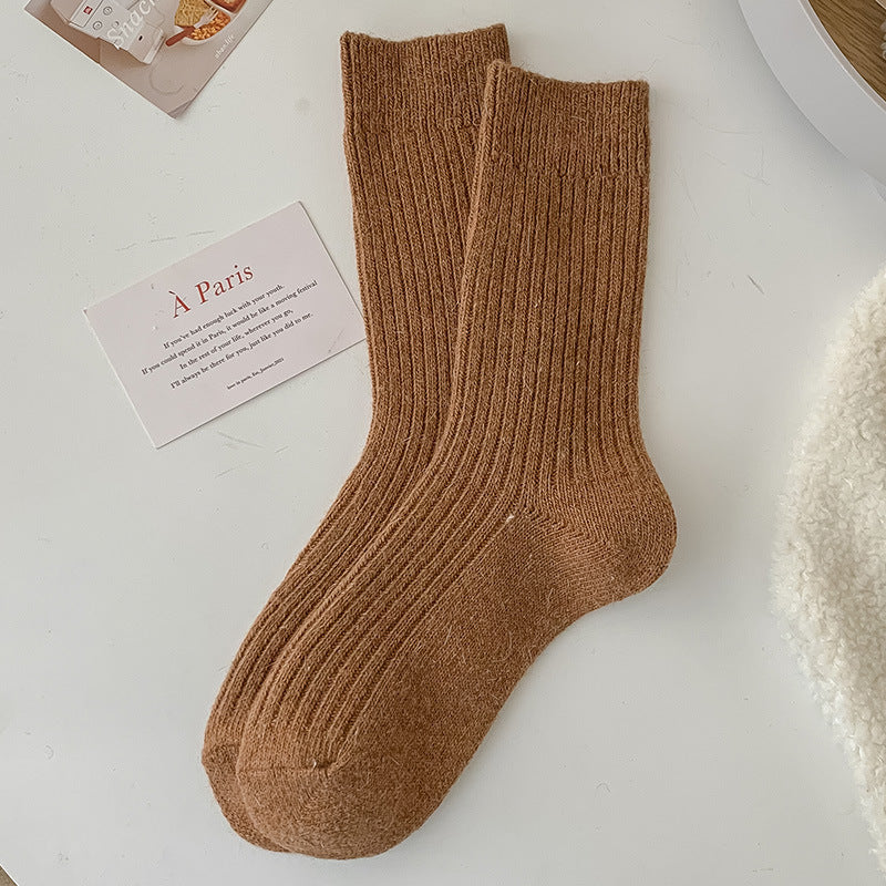 Solid-color Vertical-striped Wool Womens Socks For Fall And Winter