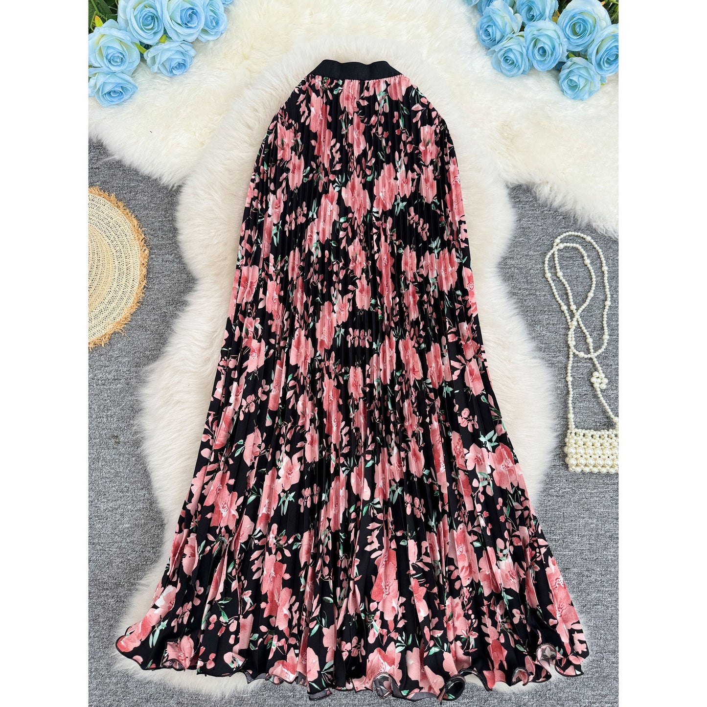 Printed Pleated Skirt For Workwear Versatile And High-waisted