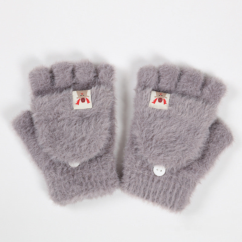 Plush Winter Half Finger Flap Warm Thickened Mink Like Knitting Gloves