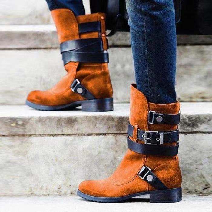 Vintage Men's Thick-heeled Suede Boots With Belt Buckle