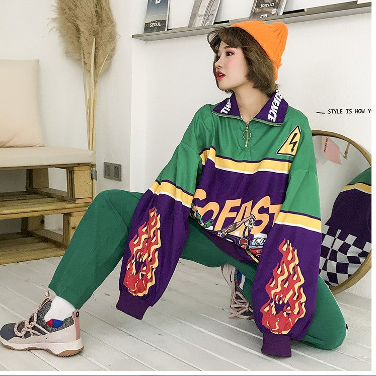 Harajuku BF Style Gade Retro Racing Print Lapel Løs Herre og Dame Pullover Sweaterfrakke