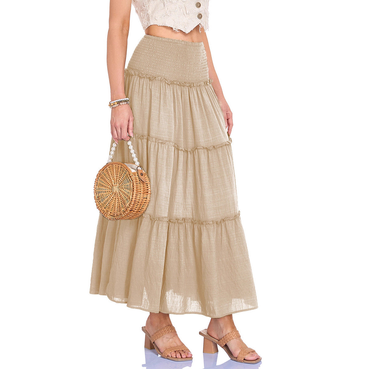 Three Tier Ruffled Cotton Linen Maxi Dress
