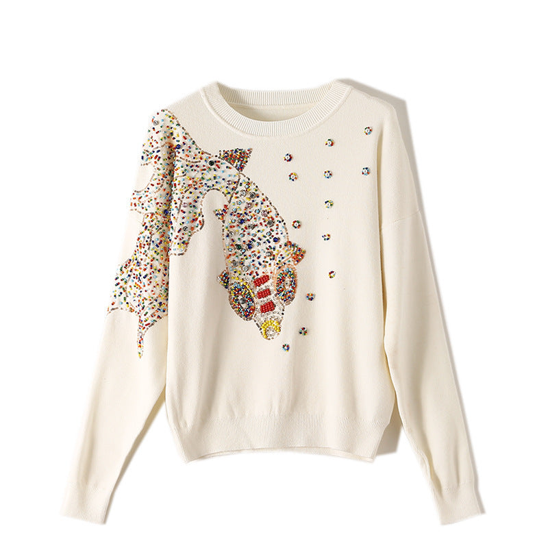 Women's Beads Rhinestones Goldfish Sequined Pullover Sweater