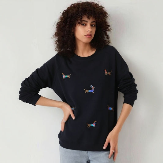 Broderet Gravhund Hund Løstsiddende Oversized Rundhalset Pullover Fleecetrøje